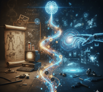 تصویری جذاب و بدون نوشته که سیر تکامل هوش مصنوعی (AI) را نشان می‌دهد؛ از ابزارهای محاسباتی قدیمی مانند چرتکه، طرح‌های رباتیک و مانیتورهای وکیوم تیوب (دهه ۱۹۵۰) در سمت چپ، تا نمایش دست رباتیک (هوش مصنوعی) که در حال تعامل با هولوگرام‌ها و نمایشگرهای داده‌های مدرن (مانند خودروهای خودران) است. یک مسیر نوری درخشان، حلزونی‌شکل و دیجیتالی که با یک مغز شبکه‌ای در بالا به اوج می‌رسد، دو دوره را به یکدیگر متصل می‌کند.