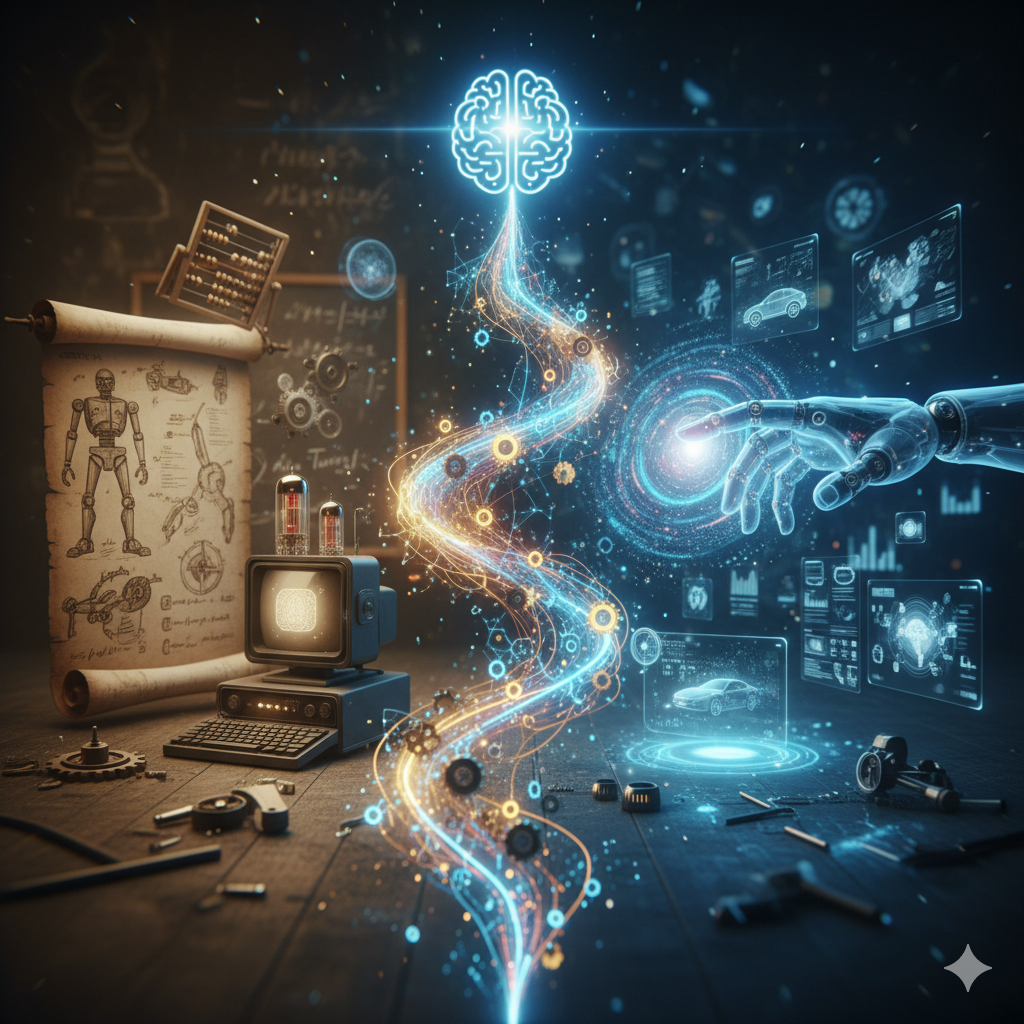 تصویری جذاب و بدون نوشته که سیر تکامل هوش مصنوعی (AI) را نشان می‌دهد؛ از ابزارهای محاسباتی قدیمی مانند چرتکه، طرح‌های رباتیک و مانیتورهای وکیوم تیوب (دهه ۱۹۵۰) در سمت چپ، تا نمایش دست رباتیک (هوش مصنوعی) که در حال تعامل با هولوگرام‌ها و نمایشگرهای داده‌های مدرن (مانند خودروهای خودران) است. یک مسیر نوری درخشان، حلزونی‌شکل و دیجیتالی که با یک مغز شبکه‌ای در بالا به اوج می‌رسد، دو دوره را به یکدیگر متصل می‌کند.